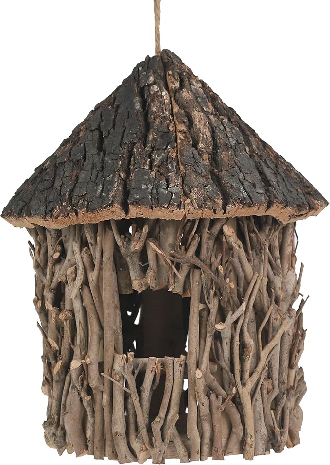 Twig-Covered Cylinder Birdhouse Squirrel House, 2.4" Entry for Medium Birds, Natural Branch Exterior & Waterproof Interior, Woodland Garden Backyard Decor