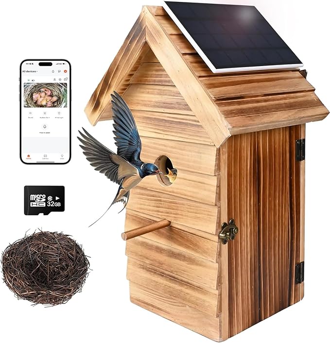 Smart Bird House with Camera, 2.4G WiFi & App Alerts, 160° Wide View 1080P HD Wireless Birdhouse, Auto Capture Bird Video & Motion Detection, Smart Bird House Camera Solar Powered (Dark, Normal)