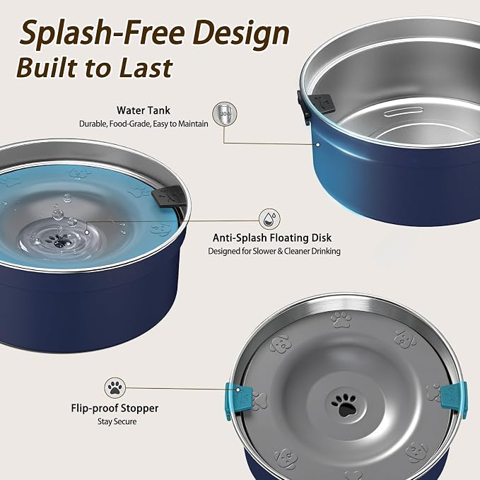 Dog Water Bowl No Spill, 1.5L/50oz Stainless Steel Slow Water Bowl for Dogs, Spill Proof Dog Bowl with Anti-Splash & Non-Slip, Slow Drinking Water Bowl Dispenser for Messy Drinkers (Blue)