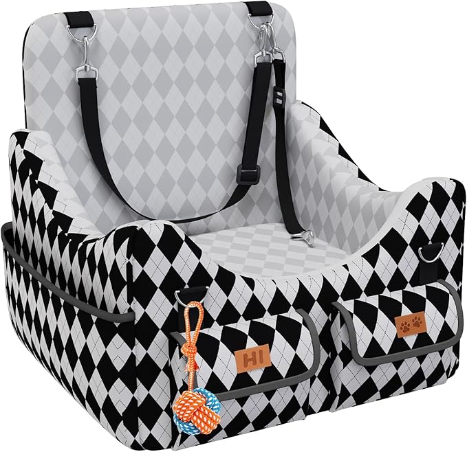 Dog Car Seat for Small/Medium Dogs up to 35lbs, 4-Pocket Storage Memory Foam Dog Booster Seat, Detachable Washable Pet Car Seat with Safety Belt, Outdoor & Indoor Use (Black/White)