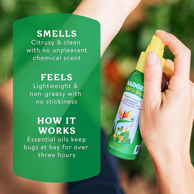 Badger Bug Spray Travel Size, Family Friendly All Natural Mosquito Repellent w/Organic Essential Oils, Smells Great, 3 Hours Effective, Deet-Free, Vegan, Travel Insect Repellent, 2.7 fl oz