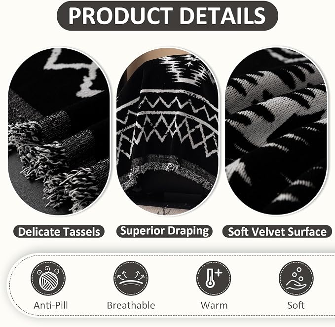 VClife Boho Couch Cover Chenille Sofa Cover for Sectional Sofa, Non Slip Couch Covers for 3 Seater Sofa Pet Friendly Sofa Protector with Tassel, Tribal Pattern Couch Slipcover, Black, 71"X134"