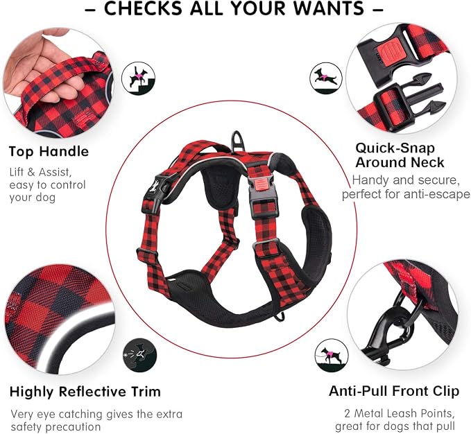 PoyPet Plaid Dog Harness Large, No Pull Vest with Front Clip & Neck Buckle | Padded Handle, Reflective, No Choke, Lockable, 2 Leash Rings, Full Adjustable, for Training Walking, XL, Checkered Red