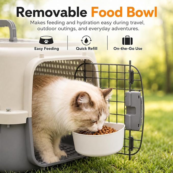 23" Airline Approved Cat Carrier Hard Shell, Dual-Entry Pet Carrier with Top & Front Doors, Detachable Food Bowl & Secure Lock, Breathable Dog Carrier for Cats & Small Dogs Up to 22 lbs - Grey