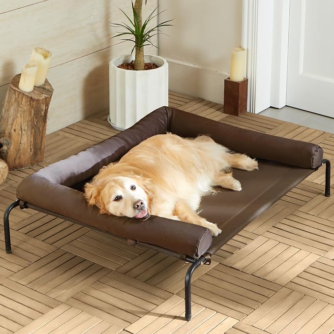 Cooling Elevated Dog Bed for Large Dogs – Waterproof Raised Dog Cot with Slope Headrest, Breathable Teslin Mesh, Durable & Portable Pet Bed for Indoor and Outdoor Use, Brown