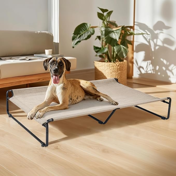 Veehoo Outdoor Elevated Dog Bed, Cooling Raised Dog Beds for Large Dogs | Washable Dog Cot with Headrest Sides, Non-Skid Feet, Breathable Mesh, Cooling Pet Hammock for Indoor or Camping, 59", Beige