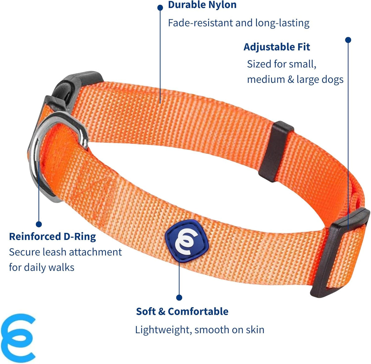 Blueberry Pet Essentials Florence Orange Adjustable Nylon Dog Collar for Large Dogs, Classic Solid Color Pet Safety & Style for Small Dogs
