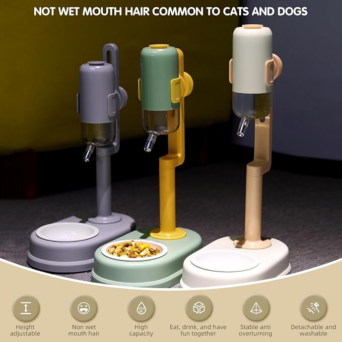 Pet Standing Water Dispenser Cat Dog Standing Ceramic Bowl Automatically Feeding Water Height Adjustable Detachable Pole (Gray, Large)