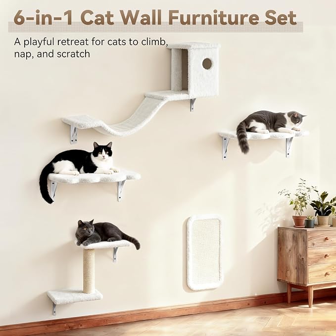 Meecal 6-in-1 Cat Wall Shelves, Wall Mounted Cat Furniture Set, Cat Shelves for Wall with Scratching Posts, Cat Bed & Bridge, Space Saving Cat Climbing Perch for Kittens, White