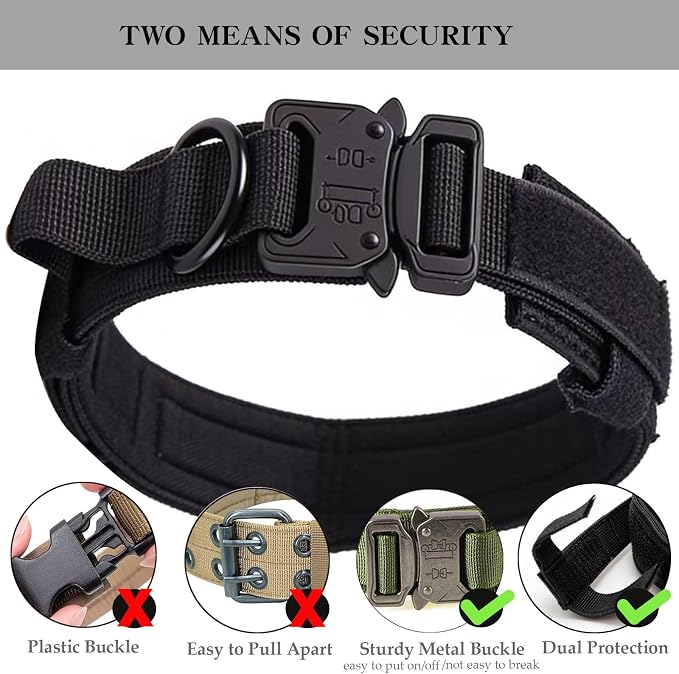 Tactical Dog Collar for Large Dogs with Control Handle,Black,M | Adjustable Fit,Heavy-Duty Quick-Release Metal Buckle,1000D Nylon Fabric,Soft-Padded Webbing,D-Ring,for Training & Hiking