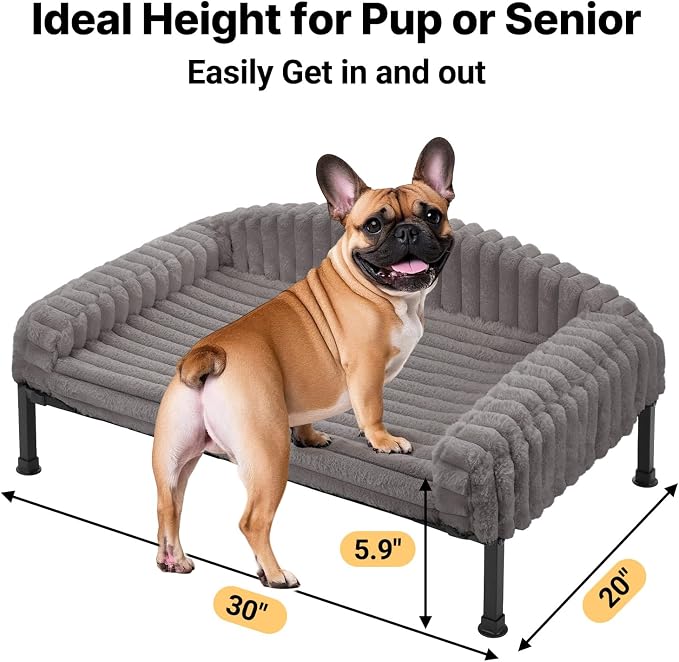 Veehoo Elevated Dog Bed with Bolster Cushion, Fluffy Plush Dog Couch Beds for Small Dogs, Cats, Washable Raised Pet Cot with Non-Slip Feet for Indoor or Patios Use, 30 x 20 Inches, Grey