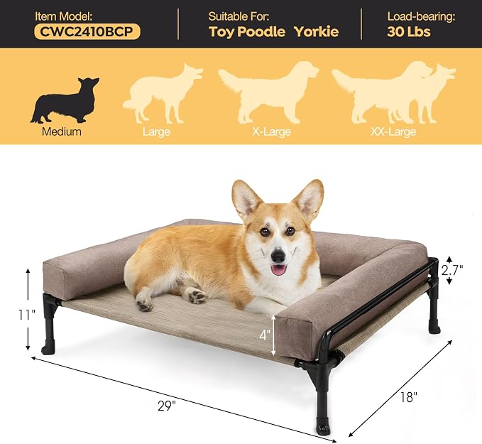 Veehoo Outdoor Elevated Dog Bed-Cooling Raised Dog Cot for Medium Sized Dog | Three-Sided Fence Raised Pet Cot with Mesh & No-Slip Feet Dog Hammock Bed with Removable Bolster-29" x 18" Beige