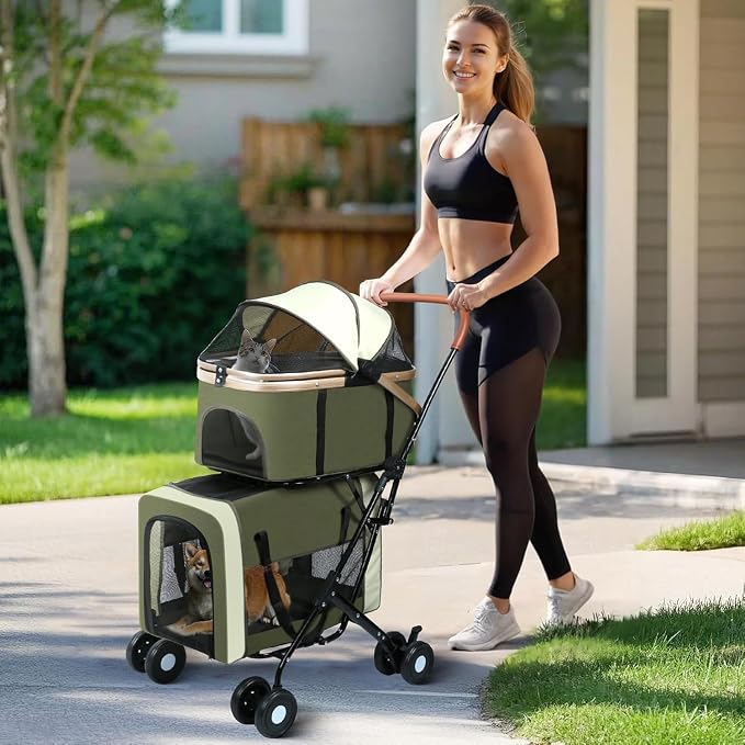 YYW Double Pet Stroller for Small Dogs & Cats - 4 in 1 Foldable Dog Stroller with 2 Detachable Carriers, Lockable Wheels & Safety Belts, Ideal for Multi-Pet Homes Walks & Travel(Brown)