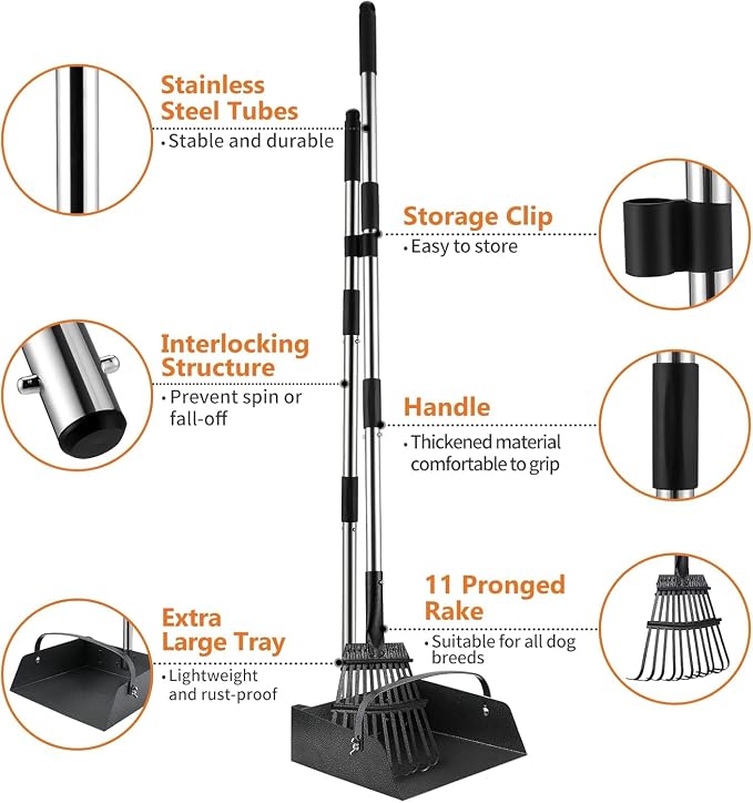 Toozey Extra Large Pooper Scooper for Large Dogs, 43.31" Long Handle | Sturdy Metal Tray & Rake | Cleaner Bag-Supported Pickup | Less Mess in Multi-Dog Yards | Fits Standard 13-Gallon Trash Bags