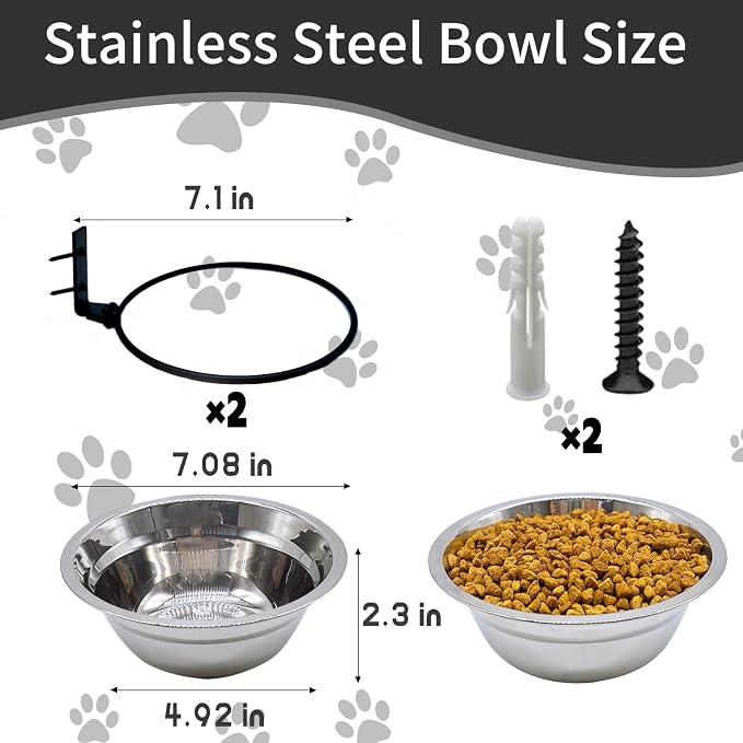 Wall Mounted Dog Bowls-2 * 29 Oz, Stainless-Steel Raised Adjustable Height