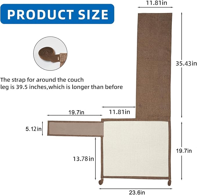 Cat Scratch Furniture Protector with Natural Sisal for Protecting Couch Sofa Chair Furniture,Couch Protector from Cat Claws 23.6L''*19.7W'' (Brown, Left Handed)