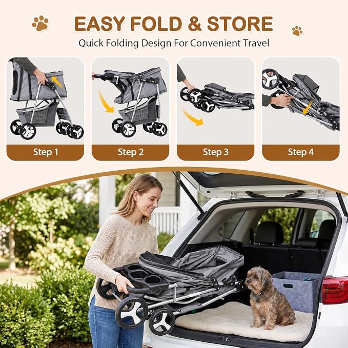 Pet Stroller 4 Wheels Dog Cat Stroller for Small Medium Dog Cats Carrier Jogger Travel Foldable Puppy with Storage Basket and Cup Holder (Grey)