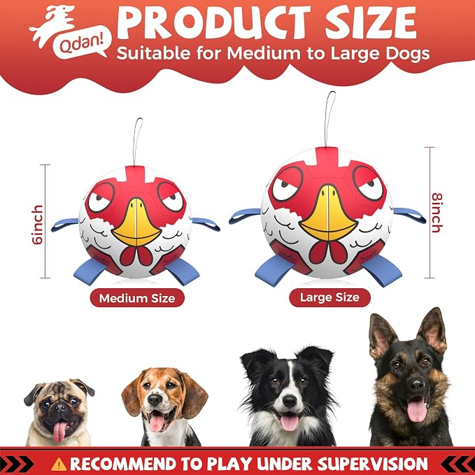 QDAN Dog Toy Balls, Dog Soccer Ball with Straps, Balls for Dogs, Small Puppy Dog Outdoor Water Pool Birthday Gifts Toy for Small Medium Dogs, 6 Inch, Chicken Ball, Pelotas para Perros