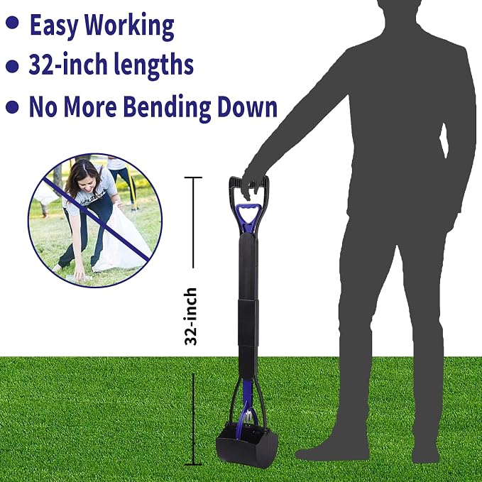 32'' Pooper Scooper for Large Small Dogs Heavy Duty, Long Handle Poop Scoop for Yard, Grass, Gravel, Dog Poop Grabber with High Strength Material and Durable Spring(Blue)