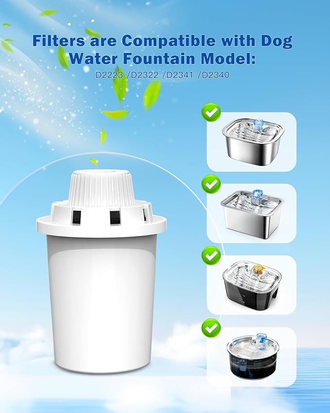 Water Fountain Replacement Filters, 4 Pack for D2223/2322/2340/2341 | Activated carbon and ion-exchange resin offer 7-layer filtration to reduce hair and odors; replace each filter every 2 weeks.