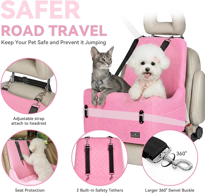 PETSFIT Cat Car Seat with Patented Safety System, 5" Elevated Pad, Pink | Fully Detachable Washable Cover, Memory Foam Dog Booster Seat for Small/Medium Dogs Up to 35 Lbs with 2 Storage Pockets