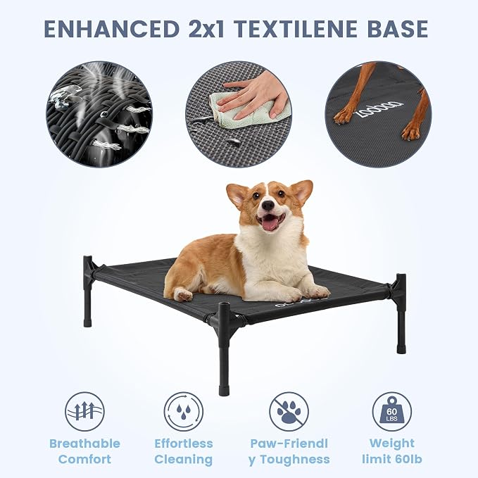 Zooba 29in Medium Dog House Outdoor, Elevated Dog Bed with Canopy, Blue | Weather-resistant 600D PVC canopy, breathable 2x1 Textilene elevated bed, steel frame; indoor or outdoor; easy to clean