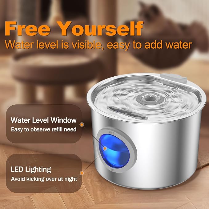 Cat Water Fountain Advanced 304 Stainless Steel 2.2L/74oz with 3-Pack Replaceable Filters, Detachable Tank, Easy to Clean, Automatic Pet Fountain Quiet Cats Water Dispenser, Dogs