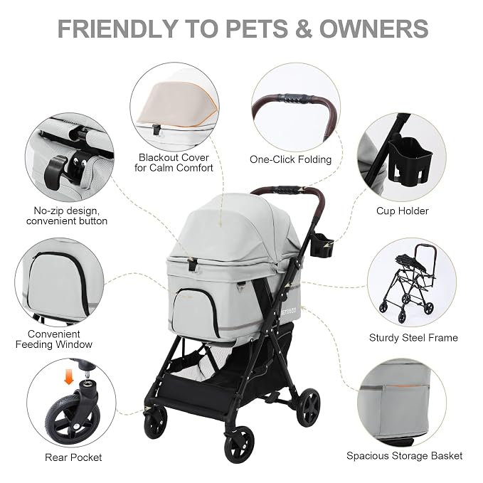 No-Zip Pet Stroller for Small Dogs & Cats, 44 lb, Gray | No-Zip Canopy, 44 lb Capacity, Reflective Trim, 2 Tethers, Lockable Front Wheels, Rear Brake and One-Hand Fold