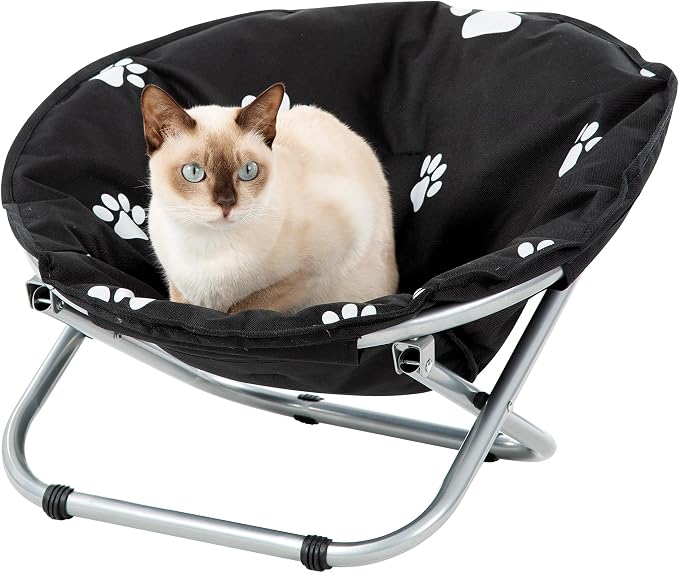 Round Pet Bed: Comfortable Elevated Cat Bed with Paw Print Cushion - Black & White Water Resistant Papasan Chair for Small Dogs