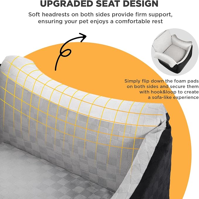 BONTHEE Elevated Dog Car Seat for Small Medium Dogs Under 30 lbs, Memory Foam Elevated Booster Seat with Headrests Support, Travel-Safe Car Bed with Detachable Washable Cover & Safety Belt
