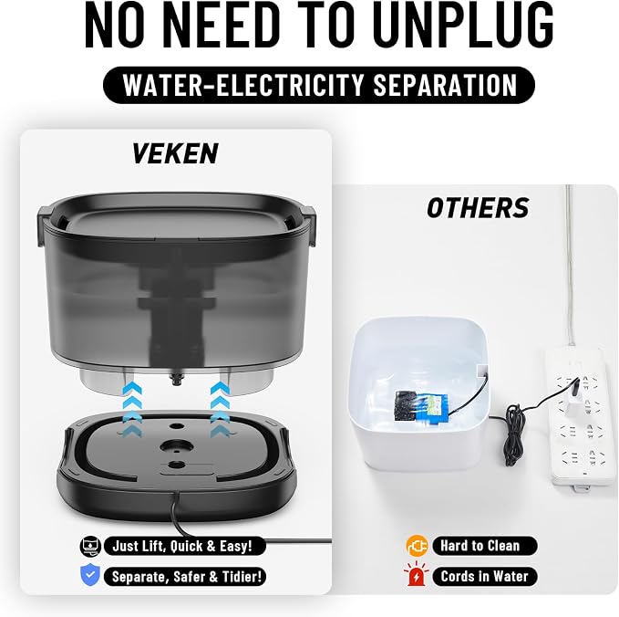 Veken Cat Water Fountain with Detachable Tank & Secure Clips, Easy to Clean & Assemble, 85oz/2.5L Pet Drinking Dispenser with Quiet Operation & LED Light, Gifts, Cats, Dogs and Small Pets, Black