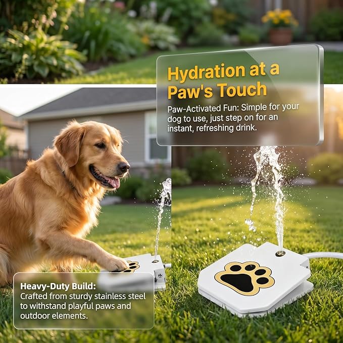 Outdoor Dog Water Fountain Step On, Dog Sprinkler Paw Activated for Large Dogs, Heavy Duty Pet Drinking Dispenser with Brass Valve & Anti Bite Hose, Summer Backyard Water Toy, 30s No Tool Setup (1Set)