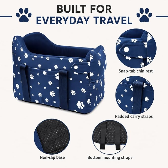 Dog Car Seat for Small Dogs 5-15 lbs, Navy Blue | Center Console Puppy Booster and Portable Travel Bed, Anti-Collapse Design with Washable Fluffy Cushion