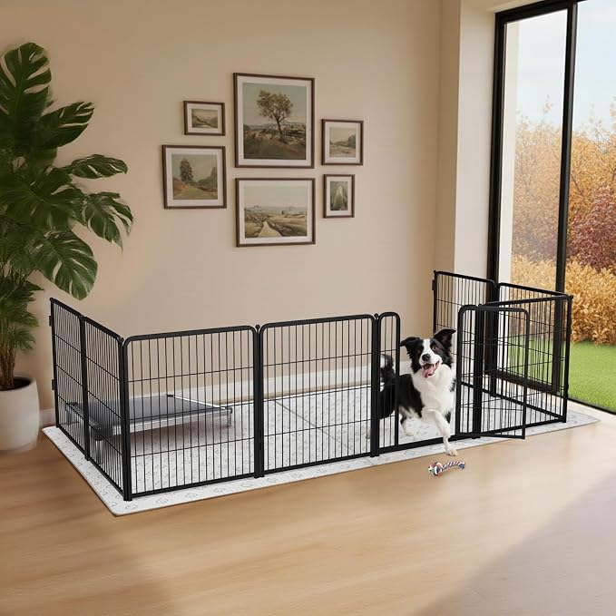 FXW Homeplus Indoor Dog Playpen with Fence-to-Wall Anchors, 32" H, 8 Panels | Calm Indoor Play Area, 4 Wall Anchors for Flexible Boundaries, for Small & Medium Dogs, Patented