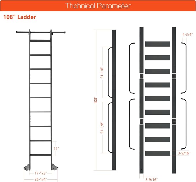 DIYHD 108" Rolling Library Ladder with Handrail, 4FT Sliding Rail, Black | 9-Step lightweight ladder with space-saving upright storage, Telescopic top hooks, Locking bottom rollers, 300lbs capacity