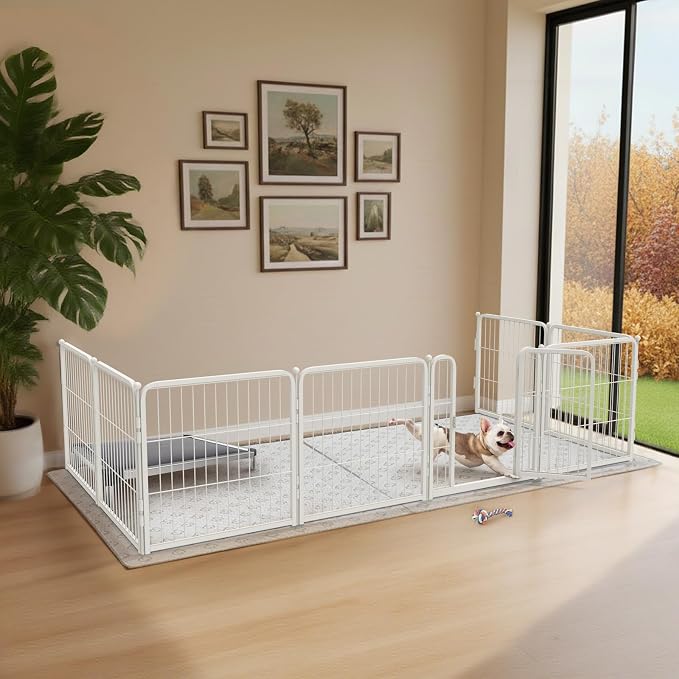 FXW Homeplus Indoor Dog Playpen with Fence-to-Wall Anchors, 24" H, 8 Panels | Calm Indoor Play Area, 4 Wall Anchors for Flexible Boundaries, for Puppies & Small Dogs, Patented
