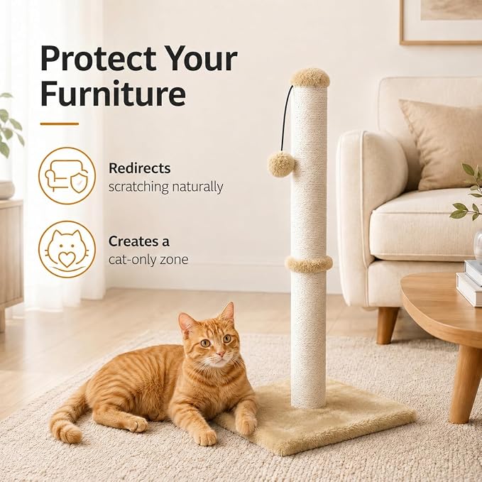 Dimaka 29" Height Tall Cat Scratching Post, Claw Scratcher with Sisal Rope and Covered with Soft Smooth Plush, Vertical Scratch [Full Strectch] for Standard Size Cats (Light Brown, 29 inches)
