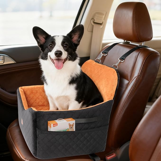 Dog Car Seat for Small/Medium Dogs Up to 35lbs, Puppy Car Seat with Thick Cushion, Detachable Washable Dog Carseat with Storage Pockets, 2 Safety Belts (Brown)