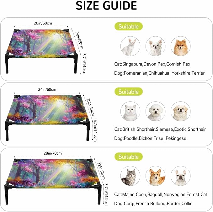 Outdoor Elevated Dog Bed for Large Dogs, Spring Tree Breathable Cooling Raised Dog Cot for Indoor/Outdoor, Forest Sunbeams Floral Botanical Waterproof Elevated Pet Beds, L 28 x 22 in