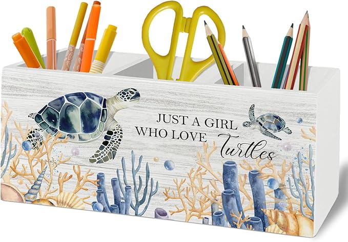 Coastal Beach Sea Turtle Pen Pencil Holder Organizer for Desk Accessories, Sea Turtle Gifts for Women Wooden Box Sign Desk Decor for Home Office Decoration, Beach Office Decor