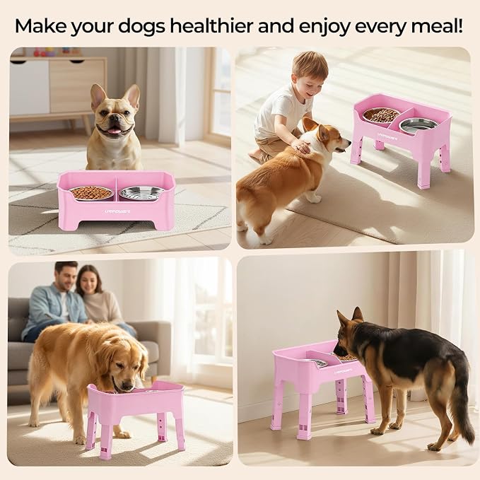 URPOWER Mess Proof Elevated Dog Bowls, Splash Guard Raised Bowl Stand | 4 Adjustable Heights, 2 Stainless Steel Bowls, Food & Water Separation, Foldable Design Non-Slip for Small Medium Large Dogs