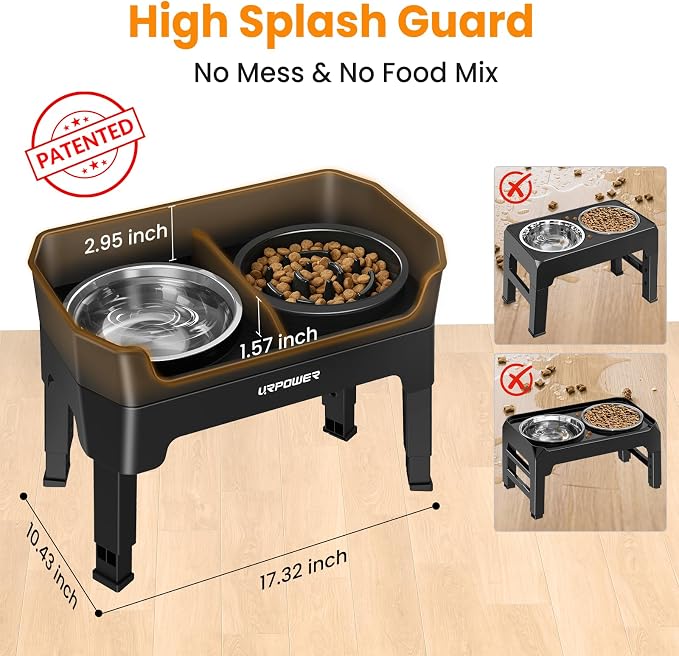 URPOWER 3-in-1 Elevated Dog Bowls with Slow Feeder & Licking Plate | 4 Height Adjustable Raised Stand with 2 Stainless Steel Food Bowls & Licking Plate for Small, Medium & Large Dogs