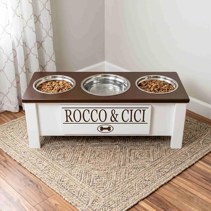 3 Bowl Dog Feeding Station, Personalized Triple Bowl Food Stand Medium Dogs | Farmhouse Style, Elevated Wood Stand, Storage Container, Stainless Steel Bowls, Raised Anti-Slip Feeder, Made in USA