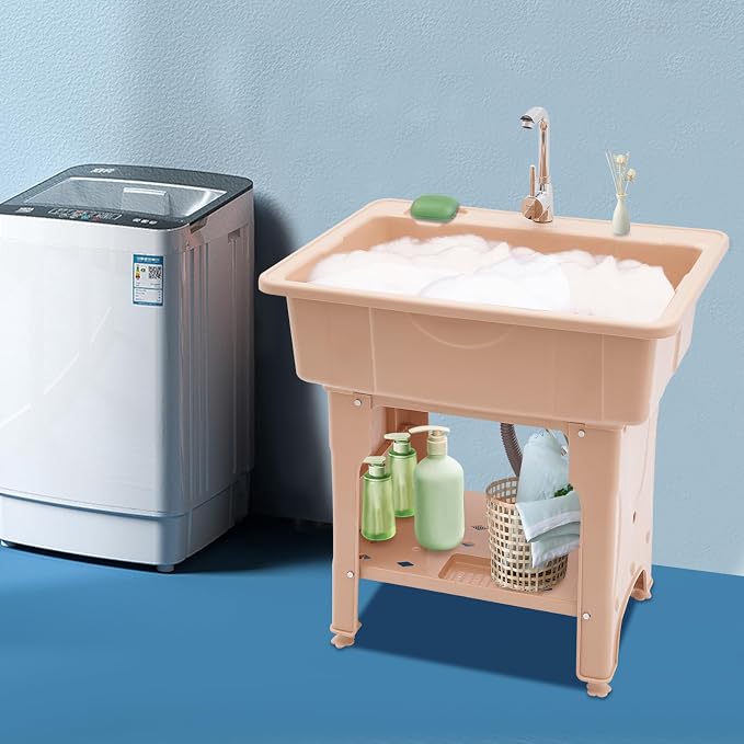 Plastic Utility Sink with 360° Swivel Hot and Cold Faucet Brown | 154 lbs Load Capacity, Equipped with Hose Hook Up, Includes Washboard, Bottom Storage Board, Suitable for Garages and Gardens