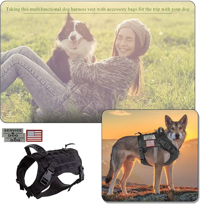 Tactical Dog Harness Vest with Pouches Training Outdoor Military K9 Harness Tactical Vest Detachable Medicine & Water Bags, 3 Patches