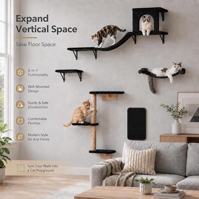Wall Mounted Cat Furniture Combo of 5, 5 in 1 Cat Shelves with Hammock, Bridge, Climbing Tree, Scratcher & Perch – Indoor Wall Cat Playground for Large Cats, Holds Up to 30 lbs,