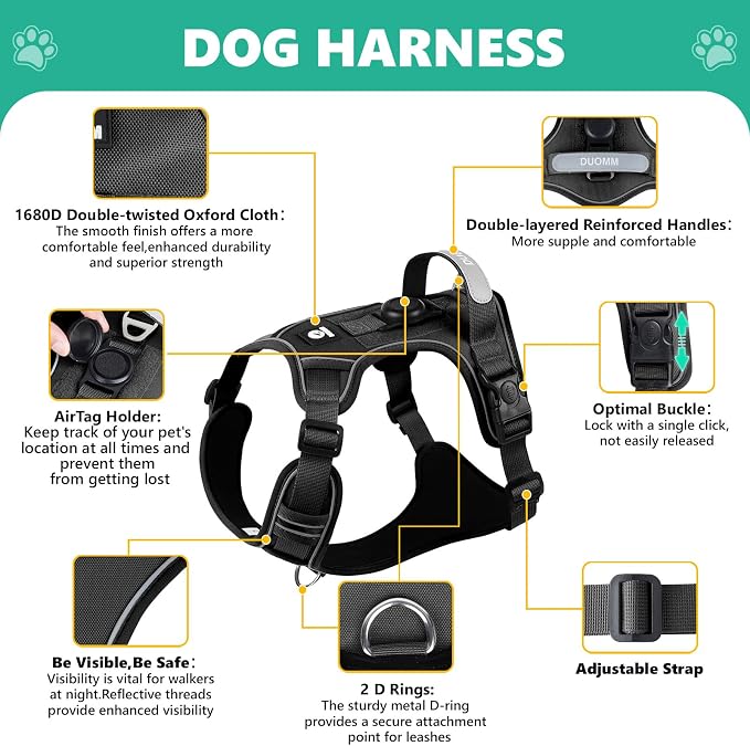 YooxArmor No Pull Tactical Dog Harness and Leash Set for Small Dogs,Black | Adjustable Pet Vest Harness, Reflective Easy Control for Night Walking Training