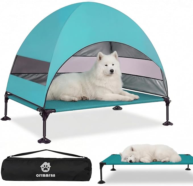Elevated Dog Bed with UV-Proof Canopy, Outdoor Dog Tent with Powerful Adjustable Feet, Portable Pet Cot with Wider Shade, Raised Cooling Bed for Camping, Patio, Beach, Poolside