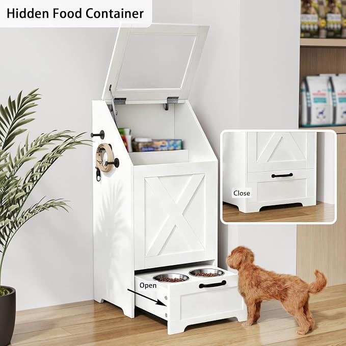 Dog Feeding Station,Dog Food Storage Cabinet,Pet Feeding Station with 2 Elevated Bowls,Hidden Pet Feeder Station with Hooks,Flip Top Pet Storage Organizer for Water,Feeding (White)