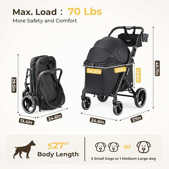 X6 Pet Stroller for Medium Large Pets Up to 70Lbs, Black | 10" Dual-Side Entry, 180° Detachable Canopy, All-Terrain Wheels, Shock Absorption, One-Hand Fold